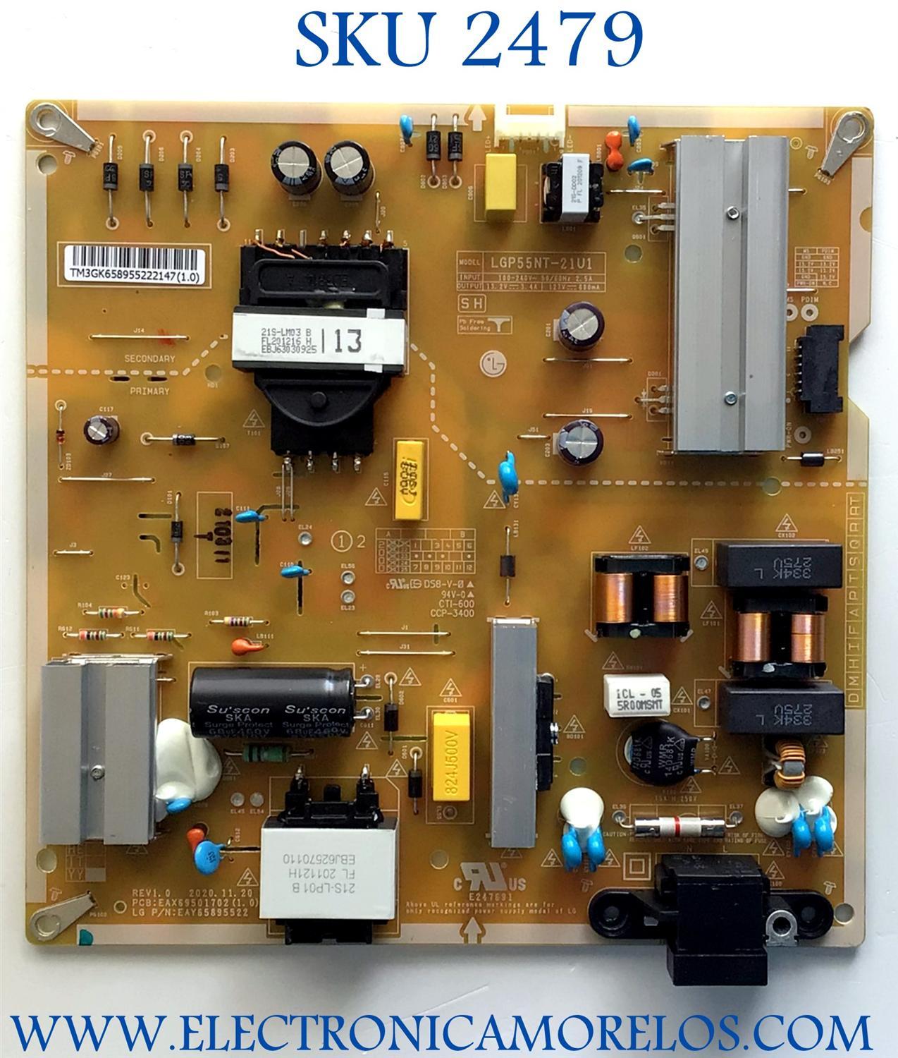 FUENTE DE PODER PARA TV LG / NUMERO DE PARTE EAY65895522 / EAX69501702 / LGP55NT-21U1 / DISPLAY LC550EQC (SP)(A1) / MODELOS 43UQ8000AUB / 55UR640S9UD / 55NANO75UQA / 55NAN075UQA / 55NANO75UPA / 55NAN075UPA / 55UP8000PUR / 55UP8000PUA / 50UQ9000PUD